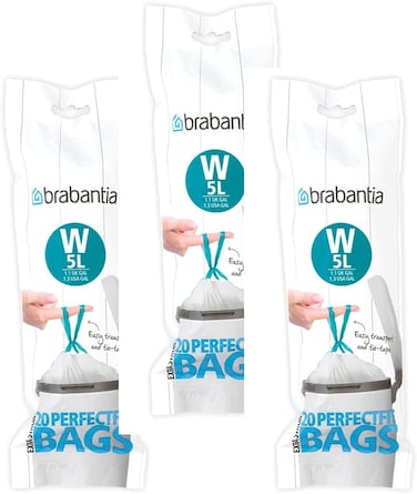 Brabantia PerfectFit Bin Liners Size W (5 Litre) – 60 Bags (3 x 20 Rolls), Thick Plastic Trash Bags with Tie Tape Handles, White