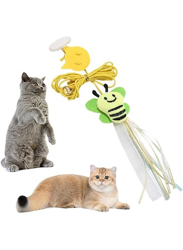 PETSARY Hanging Door Cat Fuzzy Bee Cat Toy - Interactive Doorway Indoor Teaser Toy - Bouncing Chew String Feather Toy - Retractable Elastic Rope Cat Wand Toy - Kitten Play Chase Jump Exercise (Bee)