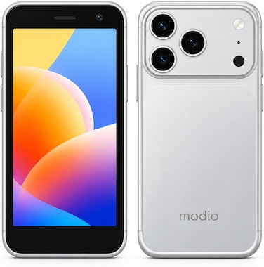 Modio MB17 Mini Smartphone, 4-Inch Display, Android 15, Face Unlock, Dual SIM, 4GB RAM, 64GB Storage, 8MP Rear &amp; 5MP Front Camera, 2000mAh Battery, Compact Design (Silver