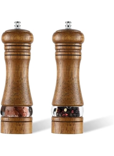 Wooden Salt and Pepper Grinder Set, Refillable Salt and Pepper Mills Adjust for Customized Coarseness, Manual Salt and Pepper Mills, Wooden Shakers with Adjustable Ceramic Core (6.5 inch, 2 Pack)
