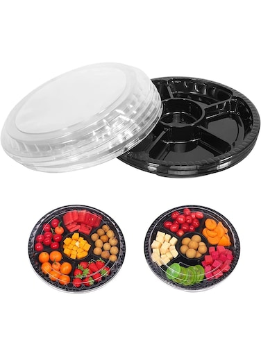 16 Pcs Round Plastic Appetizer Tray with Lid,Divided Serving Tray, Disposable Food Storage Trays Containers, Plastic Tray Storage,Fruit Platter Trays for Buffet 10.4 Inch (Black, 16)