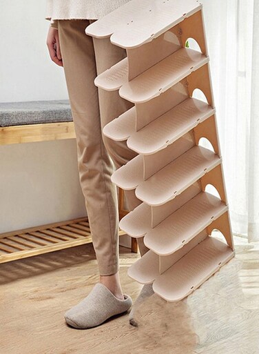 Multi Steps Adjustable Plastic Shoe Organizer Rack Beige 26.3x24x66cm