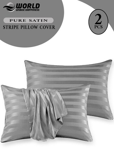 Set of 2 Grey Satin Stripe Pillow Covers Featuring 300 Thread Count, 1cm Satin Stripe, Envelope Closure, Cool, Breathable &amp; Premium Quality
