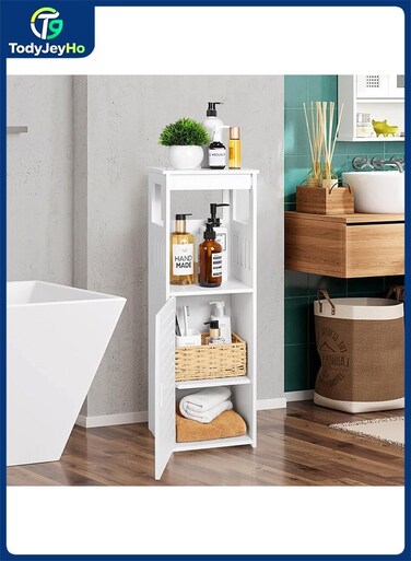 Waterproof Bathroom Cabinets,White Bathroom Storage Shelf Organizer Cupboard with Daily use Layer and 1 Cupboard Door