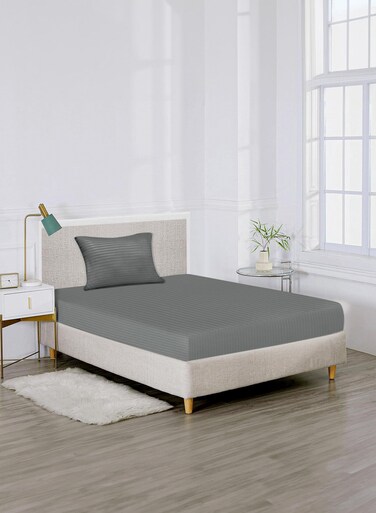 Linen Single Strped Fitted Elastic Bedsheet with 1 Pilow Case 90 x 190 Cm Grey