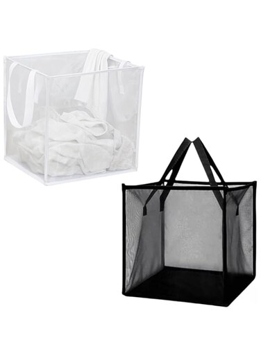 Munyee Hua Mesh Waterproof handheld Collapsible Large laundry hamper Bag, Clothes sorting and storage Foldable and Handle Basket-Good helper for sorting, tidy space (2, Black and White Single Layer）