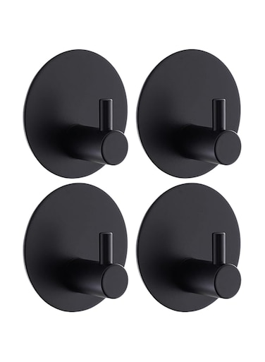 EASETROL Adhesive Hooks, Heavy Duty Sticky Towel Robe Hooks, Waterproof Stainless Steel Shower Hook, No Drill Stick on Wall Coat Clothes Hooks for Bathroom, Kitchen, and Offices (4, Black Round)