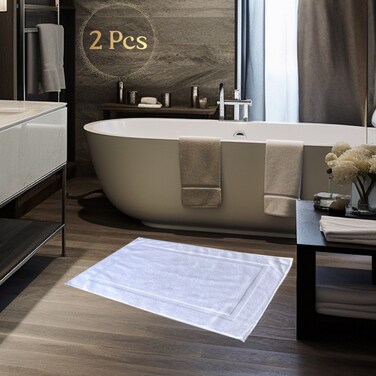 مجموعة مكونة من قطعتين - سجادة حمام - 100% قطن 900 جرام في المتر المربع سجادة أرضية عالية الامتصاص ومضادة للانزلاق مقاس 50 × 80 سم، اللون أبيض