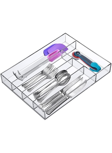 Amazing Abby - Felicia - Plastic Flatware Organizer, Compartmented Utensil Holder, Cutlery Tray for Drawer, Silverware Storage for Kitchen, Perfect Storage Solution for Home and Restaurant