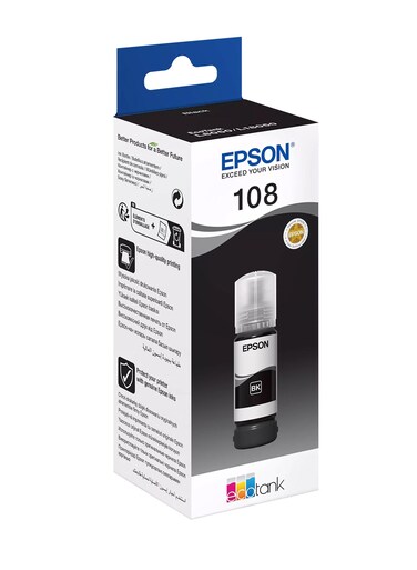 Epson 108 EcoTank Black Ink Bottle 70 ml &ndash; High Yield ~3,600 Pages &ndash; For L18050, L8050 Printer