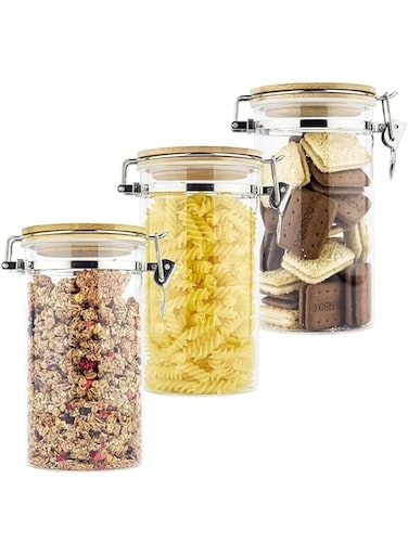 ATK_Glass Storage Container clip jar with Wooden Lid, Stackable Clear Decorative Organizer Bottle Canister Pantry Jar with Air Tight Wooden Lid for Food, Sugar, Salt (SET OF 3)(1000 ML)