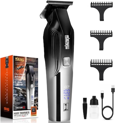 DSP Hair Trimmer for Men, Rechargeable Beard Trimmer with 2 Speeds, Professional Trimmers for Barbers, Cordless T Trimmer, Powder Metallurgy+Ceramic Blade (Silver)