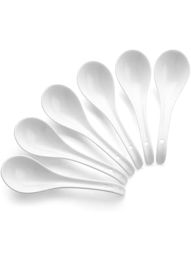 DOWAN Bone China Asian Soup Spoons Set with Hook, Dessert Spoons, 6.75 Inches, Set of 6