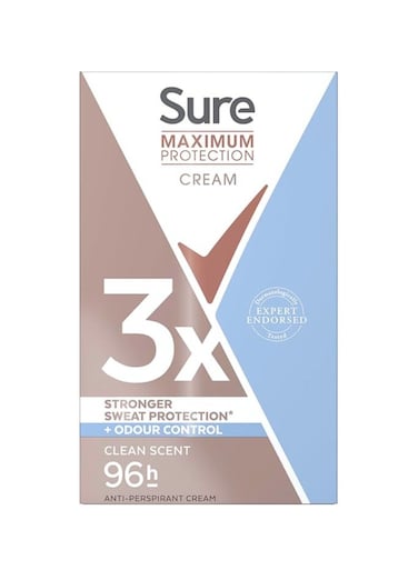 Sure Women Maximum Protection Clean Scent Anti-Perspirant Cream Deodorant Stick With 3X Stronger* Sweat Protection For 96 Hour Sweat And Odour Protection 45ml