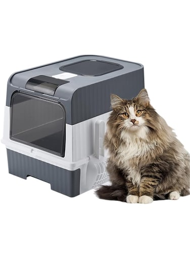 DUKASOU Enclosed Cat Litter Boxes, Foldable Litter Box with Lid Covered, Deodorizing Cabin, Large Size Cat Toilet Trainning Kitty Litter Pan, Closed Smell Proof Anti-Splashing, with Scoop