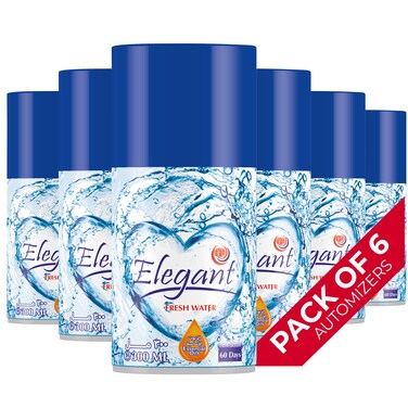 Elegant Automatic Spray REFILL &ndash; Fresh Water &ndash; 300ML &ndash; Pack of 6, 6-Pack (300ML x 6 Pcs) &ndash; Air Freshener REFILL for Home And Bathroom, Made With ESSENTIAL OILS