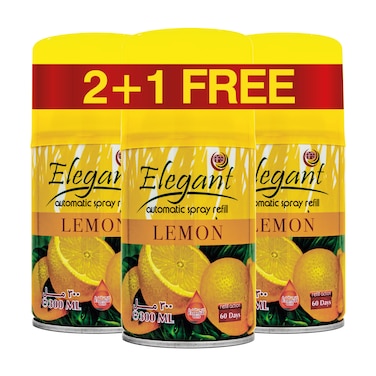 Elegant Automatic Spray REFILL &ndash; Lemon &ndash; 300ML &ndash; Pack of 3, Triple Pack (300ML x 3 Pcs) &ndash; Air Freshener REFILL for Home And Bathroom, Made With ESSENTIAL OILS