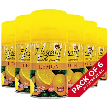 Elegant Automatic Spray REFILL &ndash; Lemon &ndash; 300ML &ndash; Pack of 6, 6-Pack (300ML x 6 Pcs) &ndash; Air Freshener REFILL for Home And Bathroom, Made With ESSENTIAL OILS