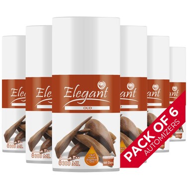 Elegant Automatic Spray REFILL &ndash; Oud &ndash; 300ML &ndash; Pack of 6, 6-Pack (300ML x 6 Pcs) &ndash; Air Freshener REFILL for Home And Bathroom, Made With ESSENTIAL OILS