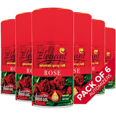 Elegant Automatic Spray REFILL &ndash; Rose &ndash; 300ML &ndash; Pack of 6, 6-Pack (300ML x 6 Pcs) &ndash; Air Freshener REFILL for Home And Bathroom, Made With ESSENTIAL OILS