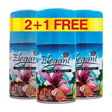 Elegant Automatic Spray REFILL &ndash; Summer Delight &ndash; 300ML &ndash; Pack of 3, Triple Pack (300ML x 3 Pcs) &ndash; Air Freshener REFILL for Home And Bathroom, Made With ESSENTIAL OILS