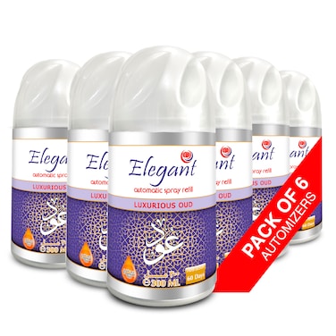 Elegant Automatic Spray REFILL &ndash; Luxurious OUD &ndash; 300ML &ndash; Pack of 6, 6-Pack (300ML x 6 Pcs) &ndash; Air Freshener REFILL for Home And Bathroom, Made With ESSENTIAL OILS