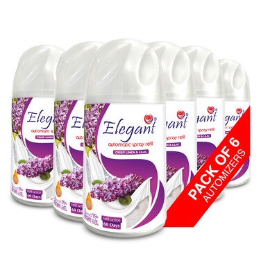 Elegant Automatic Spray REFILL &ndash; Crisp Linen &amp; Lilac &ndash; 250ML &ndash; Pack of 6, 6-Pack (250ML x 6 Pcs) &ndash; Air Freshener REFILL for Home And Bathroom, Made With ESSENTIAL OILS