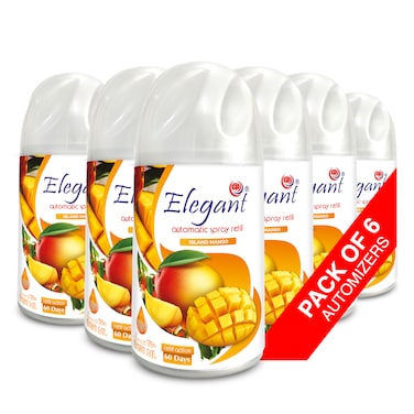 Elegant Automatic Spray REFILL &ndash; Island Mango &ndash; 250ML &ndash; Pack of 6, 6-Pack (250ML x 6 Pcs) &ndash; Air Freshener REFILL for Home And Bathroom, Made With ESSENTIAL OILS