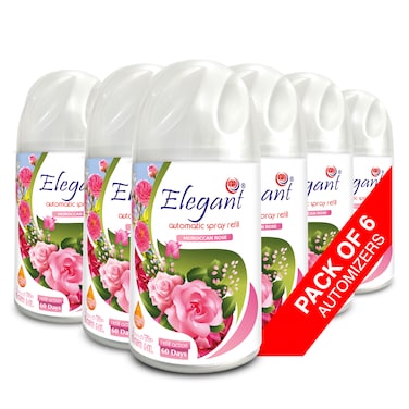 Elegant Automatic Spray REFILL &ndash; Moroccan Rose &ndash; 250ML &ndash; Pack of 6, 6-Pack (250ML x 6 Pcs) &ndash; Air Freshener REFILL for Home And Bathroom, Made With ESSENTIAL OILS