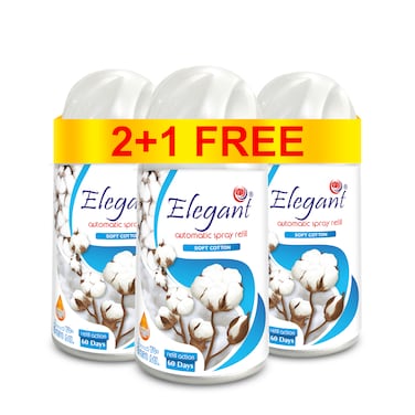 Elegant Automatic Spray REFILL &ndash; Soft Cotton &ndash; 250ML &ndash; Pack of 3, Triple Pack (250ML x 3 Pcs) &ndash; Air Freshener REFILL for Home And Bathroom, Made With ESSENTIAL OILS