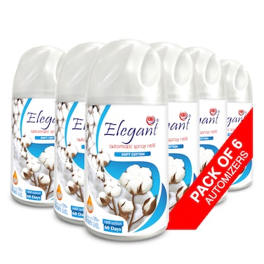 Elegant Automatic Spray REFILL &ndash; Soft Cotton &ndash; 250ML &ndash; Pack of 6, 6-Pack (250ML x 6 Pcs) &ndash; Air Freshener REFILL for Home And Bathroom, Made With ESSENTIAL OILS