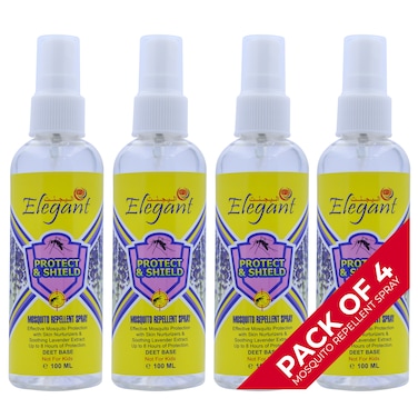Elegant Mosquito &amp; Tick Repellant Spray &ndash; 100ML &ndash; Pack of 4 &ndash; LAVENDER Extract &ndash; DEET base &ndash; Tick, Insect &amp; Mosquito Repellant   8H Protection, Protect &amp; Shield Spray   NOT FOR KIDS, Anti-bug Spray