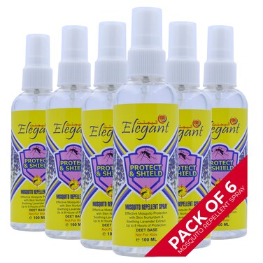 Elegant Mosquito &amp; Tick Repellant Spray &ndash; 100ML &ndash; Pack of 6 &ndash; LAVENDER Extract &ndash; DEET base &ndash; Tick, Insect &amp; Mosquito Repellant   8H Protection, Protect &amp; Shield Spray   NOT FOR KIDS, Anti-bug Spray