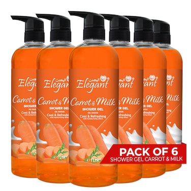 Elegant Shower Gel Carrot &amp; Milk 1 Liter 6-PACK (Pack of 6x1 Liter) Rejuvenating Body Wash by Elegant, Long-Lasting Fragrance Paraben Free, For All Skin Types &amp; Daily Use