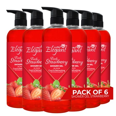 Elegant Shower Gel Strawberry 1 Liter 6-PACK (Pack of 6x1 Liter) Rejuvenating Body Wash by Elegant, Long-Lasting Fragrance Paraben Free, For All Skin Types &amp; Daily Use