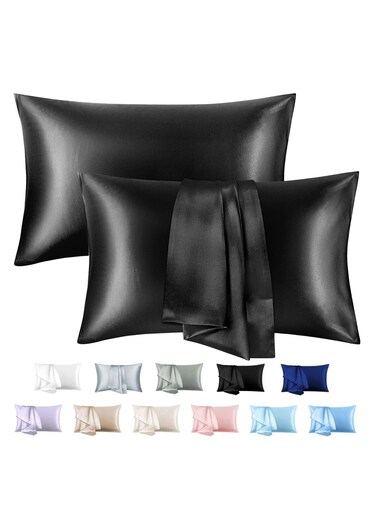 2-Piece Simple Solid Colour Silk Satin Pillow Case with Envelope Closure for Hair and Skin Black 51x76/51x102cm