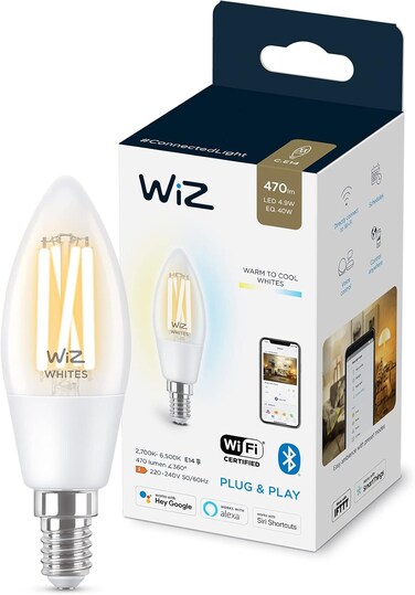 ويز مصباح اضاءة ابيض قابل للضبط [برغي اديسون صغير E14] مصباح شمعة ذكي متصل بالواي فاي، ضوء ابيض دافئ الى بارد 40 واط، تحكم عن طريق التطبيق للإضاءة الداخلية المنزلية، غرفة المعيشة، غرفة النوم.