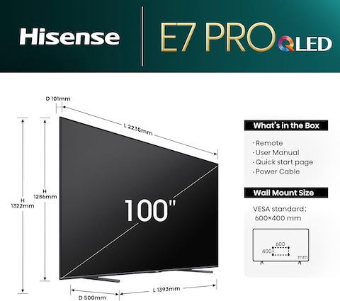 Hisense 100 Inch 144Hz VRR QLED TV E7N PRO-Full Local Dimming,Quantum Dot Colour,Dolby Vision Atmos,Freesync Premium,Built-in Subwoofer,Voice Control,and Youtube Netflix Disney+ Shahid, 100E7N PRO
