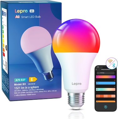 Lepro B3 AI Smart Bulb E27, 1521LM 12W (Replace 100W), Work with Alexa &amp; Google Assistant, Music Sync Bluetooth &amp; WiFi Bulb, Voice Control Screw Light Bulbs, Personalized AI Lighting Designer