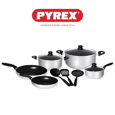 Pyrex Argento 11-Piece Cookware Set &ndash; Non-Stick Pots &amp; Pans with Lids &amp; Nylon Utensils, PFOA Free Healthy Cooking Set, Silver Cookware for Gas &amp; Electric Hobs