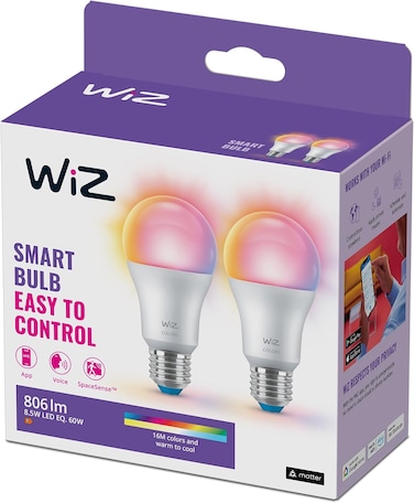 ويز مصباح اضاءة ذكي بتقنية واي فاي بلوري، 60 واط E27، قطعتين، تقنية سبيس سنس، تحكم صوتي، ضوء ابيض او ملون، قابل للتعتيم