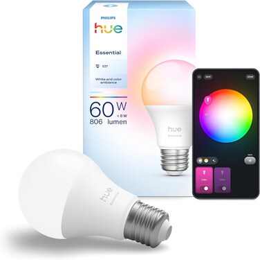 Philips Hue Essential Smart LED A60 Bulb, White and Color Ambiance, E27 Base, 8W, 2200K-6500K, 806 Lumens, Dimmable, Works with Alexa, Google Assistant, and Apple Home, 1 Pack