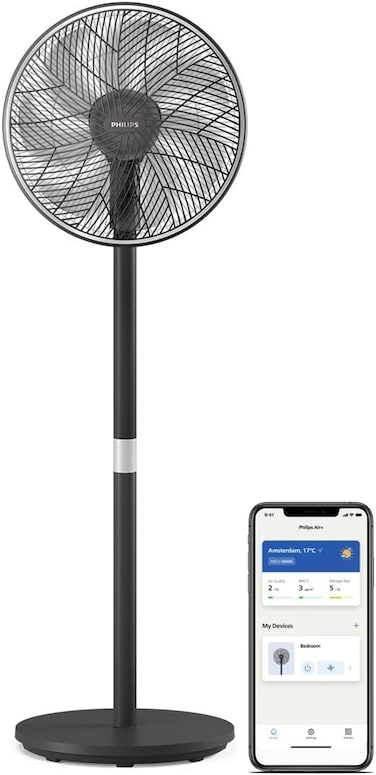 Philips Pedestal Fan 3000 Series - Fan Airflow 2562 m&sup3;/h, Ultra Quite, Tiltable &amp; Oscillating, 40cm Head Diameter, Adjustable Height, Connected to Smart Phone, Black - CX3550/01