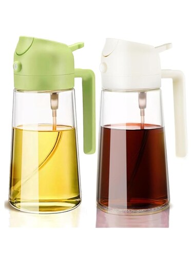 Arsatbs Oil Sprayer for Cooking 16oz/470ml 2 in 1 Olive Dispenser Bottle Kitchen Gadgets for Air Fryer, Salad, BBQ - Glass Mister Spray with Stickers -2pcs(Beige+Green)