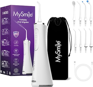 MySmile LP211 Cordless Advanced Water Flosser for Teeth 5 Cleaning Modes Rechargeable Power Dental Flosser 8 Replacement Jet Tips IPX 7 Waterproof Dental Irrigador with Travel Storage Pouch (White)
