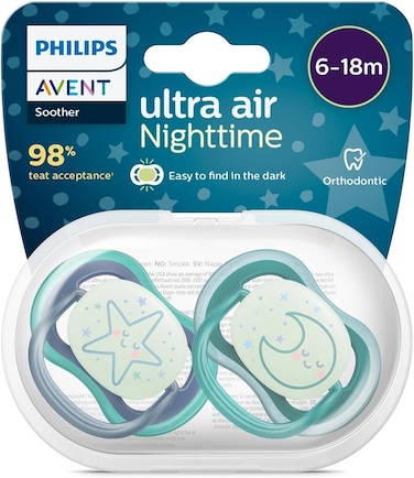 Philips Avent Nighttime Ultra Air Soother, Extra Large Holes, Glow in the Dark, Lightweight, 6 Months+, Green - 2 Pieces Boy X2