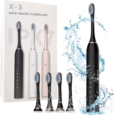 Necomi Sonic Electric Toothbrushes, USB Rechargeable Ultrasonic Tooth Brush with 4 Brush Heads 6 Cleaning Modes and Smart Timer IPX7 Waterproof Cleaning Toothbrushes for Adults and Kids（Black）