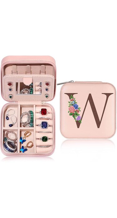 GDTOMEEU Birthday Personalized Gifts for Women Friend Sister, Small Travel Jewelry Case Jewelry Box Jewelry Organizer, Ring Necklace Earring Jewelry Holder Organizer Box with Mirror Letter (W)