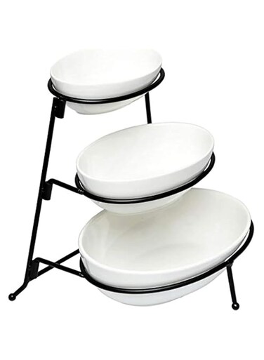 Shallow 3 Tier Porcelain Oval Bowl Set with Stand, White, Dy1475