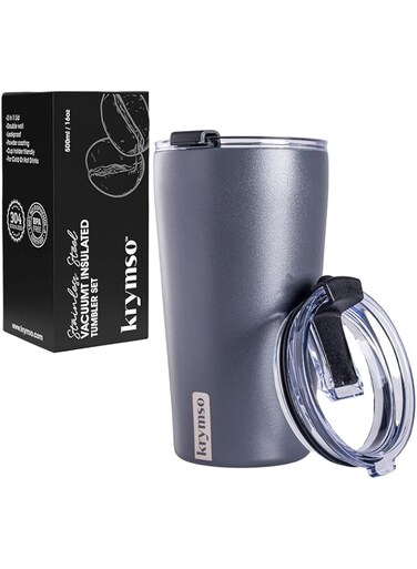 KRYMSO, 500ml Travel Coffee Mug, Stainless Steel Tumbler with Straw, Thermos Flask Insulated Double Wall Coffee Cup Travel mug with lid, Flip Lid, 2 Straws &amp; Brush (Matte Gray)